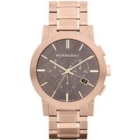 Rose gold Burberry men's watch with taupe chronograph dial, steel bracelet, and date display.