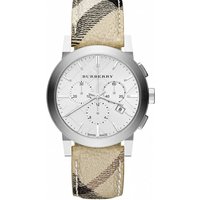 Burberry BU9360 men's chronograph watch with silver dial, beige Nova check strap, and stainless steel case.