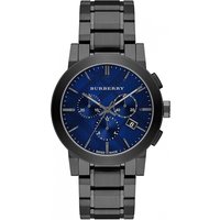 Gun metal Burberry BU9365 men's chronograph watch with blue dial, date display, and stainless steel bracelet.