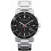 Silver Burberry men's watch with black dial, chronograph subdials, date window, and stainless steel bracelet.