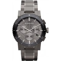 Burberry BU9381 men's chronograph watch, gray dial, black bezel, stainless steel bracelet, date display at 4 o'clock.