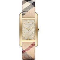 Gold Burberry BU9407 watch, 25mm case, geometric dial, leather strap with signature check pattern.