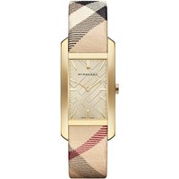 Gold Burberry BU9509 ladies watch with rectangular dial, geometric pattern, and beige plaid leather strap.