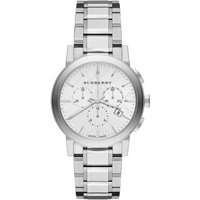 Burberry BU9750 women's chronograph watch, silver dial, stainless steel bracelet, date display, and three subdials.
