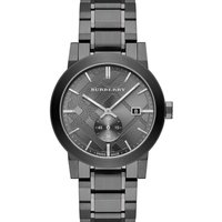 Grey Burberry BU9902 men's chronograph watch with stainless steel band and textured dial.