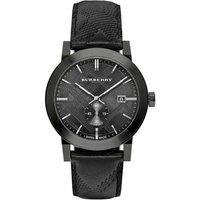 Black Burberry men's watch with leather strap, textured dial, silver markers, and date window.