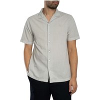 Light gray short-sleeved shirt by Superdry with button-up front and open collar, worn by a model.