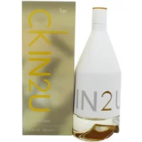 White and gold Calvin Klein CK In2u For Her Eau De Toilette bottle, 150ml, with matching gold box.