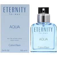 Clear glass bottle of Calvin Klein Eternity Aqua Eau De Toilette, blue liquid, silver cap, with matching box.