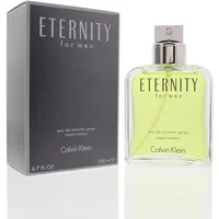 Calvin Klein Eternity For Men Eau De Toilette, 200ml clear bottle with silver cap, next to black box packaging.