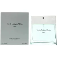 Clear glass bottle with silver cap, labeled "Truth Calvin Klein Men," next to a matching silver box, 100ml size.