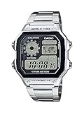 Stainless steel digital watch with black face, multiple displays, and world map feature.
