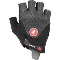 Black and gray Castelli Arenberg Gel 2 short finger cycling gloves with red logo and padded palm.