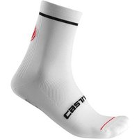 White Castelli Entrata 13 socks with black and red accents, featuring ribbed texture and Castelli logo on the side.