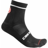 Black Castelli Entrata 9 cycling sock with white logo, red accents, and breathable mesh fabric.
