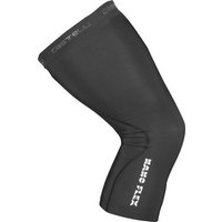 Black Castelli Nano Flex 3G knee warmer with white logo and ergonomic design for cycling.
