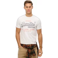 White Superdry T-shirt with vintage logo in gray and red text, short sleeves, and crew neck.