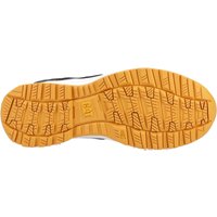 Yellow rubber sole of Caterpillar Accelerate S3 Safety Trainer, featuring textured grip pattern and size marking.