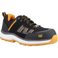 Black and orange Caterpillar safety trainer, size 11, with white sole and reinforced toe.