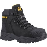 Black Caterpillar Everett S3 waterproof safety boot, size 13, with yellow logo, rugged sole, and reinforced toe.