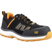 Black and orange Caterpillar men's safety trainer with reinforced toe and thick white sole.