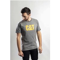 Gray Caterpillar men's T-shirt with bold yellow "CAT" logo on chest, short sleeves, and crew neckline.