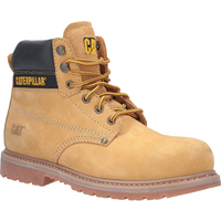 Tan Caterpillar safety boot with black padded collar, yellow laces, and rugged brown sole, size 13.
