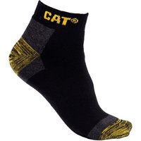 Black Caterpillar ankle sock with yellow CAT logo, gray heel and toe, and yellow accents.