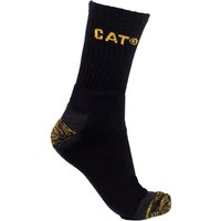 Black Caterpillar work sock with yellow "CAT" logo, reinforced heel and toe, ribbed cuff, UK size 11-14.