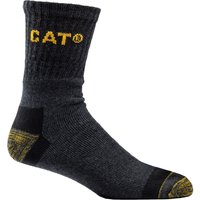 Dark grey Caterpillar work socks with yellow "CAT" logo, black reinforced heel and toe, pack of three pairs.