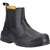 Black Caterpillar safety boot with reinforced toe, slip-on design, elastic side panels, and rugged sole, size 13.