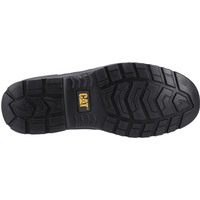 Black Caterpillar safety boot sole with rugged tread pattern and yellow CAT logo in the center.