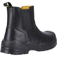 Black Caterpillar Striver Safety Dealer boot, size 9, with elastic side panels, pull tab, and reinforced toe.