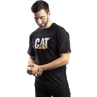 Black Caterpillar men's T-shirt with bold white "CAT" logo and yellow triangle on chest, short sleeves, cotton fabric.