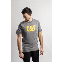 Gray Caterpillar T-shirt with bold yellow CAT logo on front, worn by a model, short sleeves, crew neck.