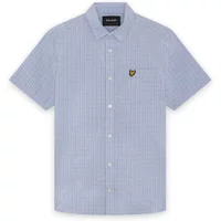 Blue check short-sleeve shirt by Lyle & Scott with button-down front and embroidered yellow eagle logo on chest.