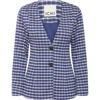 Blue and white checked women's blazer by Ichi, featuring long sleeves and two front buttons.