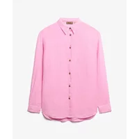 Pink Superdry women's linen boyfriend shirt with button front and long sleeves.
