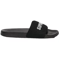 Black children's slide sandal with mesh strap, "Superdry" text in white, and textured footbed.