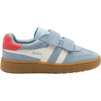 Light blue children's Velcro shoes by Gola, with white stripes, red heel accent, and brown sole.