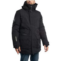 Black City Padded Parka Jacket by Superdry with hood, front zipper, large pockets, and logo on sleeve.