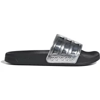 Black Adidas shower slide with silver strap, embossed logo, and three stripes.