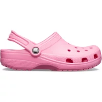 Pink Classic clog Crocs with ventilation holes, adjustable heel strap, and textured sole.