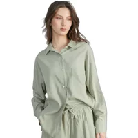 Light green textured women's shirt with classic collar and button front.