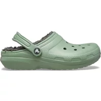 Green fur-lined Crocs clogs with perforated top and adjustable heel strap.