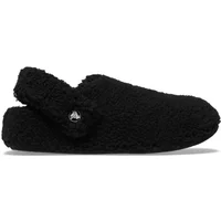 Black Crocs Classic Cozzzy Slipper with fuzzy texture and adjustable heel strap.