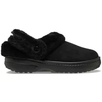 Black Crocs Classic Unfurgtble Vegan Suede clogs with faux fur lining and textured sole.