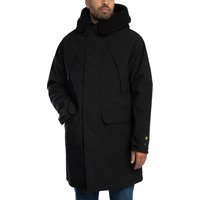 Black Lyle & Scott Cold Weather Parka Jacket with hood, front pockets, and logo on sleeve.