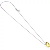 Silver chain necklace with a gold ring pendant inscribed with Elvish script, inspired by The Lord of the Rings.
