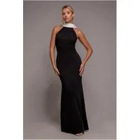 Black crepe halter dress with white contrast collar and belt, floor-length, by Goddiva.